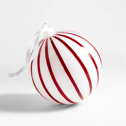 Red and White Wide Striped Glass Ball Christmas Tree Ornament