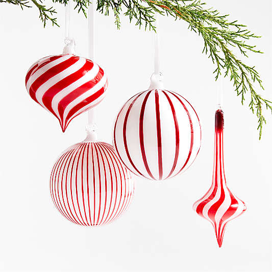 Red and White Striped Glass Christmas Tree Ornaments, Set of 4