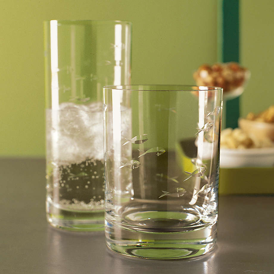 Crate & Barrel Hand Blown Goldfish Highball Glasses, Fused Art Glass  Tumblers, Drinking Glasses, Set of 2 