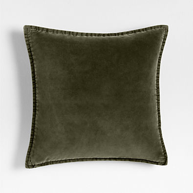 View Relaxed Washed Organic Cotton Velvet 20x20 Burnt Green Throw Pillow with Down-Alternative Insert details