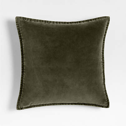 Relaxed Washed Organic Cotton Velvet 20"x20" Burnt Green Throw Pillow with Feather Insert