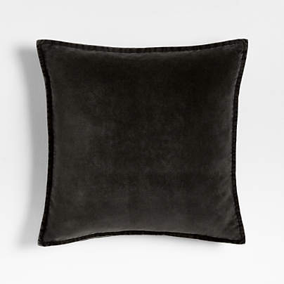 Relaxed Washed Organic Cotton Velvet 20x20 Ink Black Throw Pillow with Feather Insert
