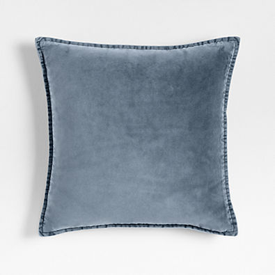 View Relaxed Washed Organic Cotton Velvet 20"x20" Deep Sea Blue Throw Pillow with Down-Alternative Insert details