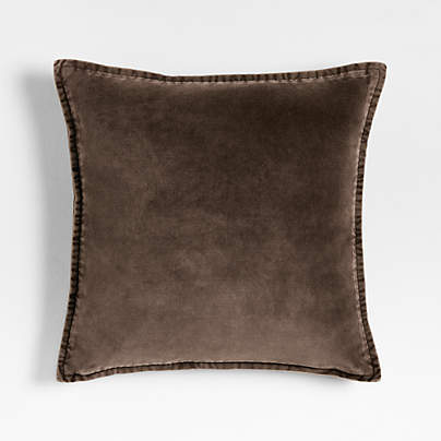 Relaxed Washed Organic Cotton Velvet 20x20 Deep Brown Throw Pillow with Feather Insert