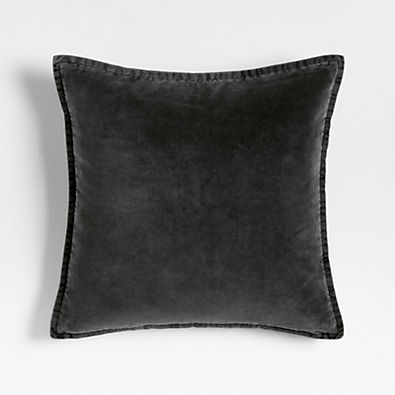 View Relaxed Washed Organic Cotton Velvet 20"x20" Dark Sea Grey Throw Pillow with Down-Alternative Insert details