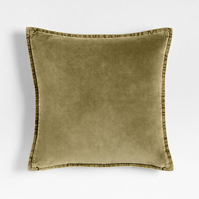 View Relaxed Washed Organic Cotton Velvet 20x20 Moss Green Throw Pillow with Down-Alternative Insert details