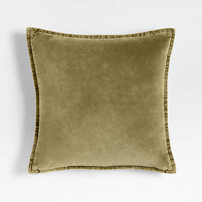 Relaxed Washed Organic Cotton Velvet 20"x20" Moss Green Throw Pillow with Feather Insert