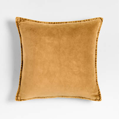Relaxed Washed Organic Cotton Velvet 20x20 Moroccan Ocher Throw Pillow with Feather Insert