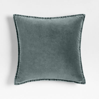 View Relaxed Washed Organic Cotton Velvet 20x20 Teal Blue Throw Pillow with Down-Alternative Insert details