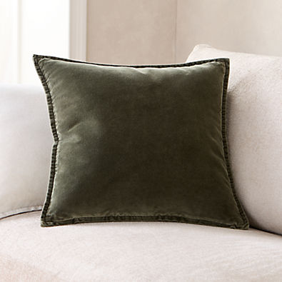 View Relaxed Washed Organic Cotton Velvet 20"x20" Burnt Green Throw Pillow with Feather Insert details