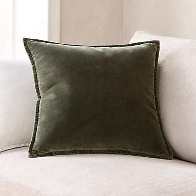 Relaxed Washed Organic Cotton Velvet 20"x20" Burnt Green Throw Pillow with Feather Insert