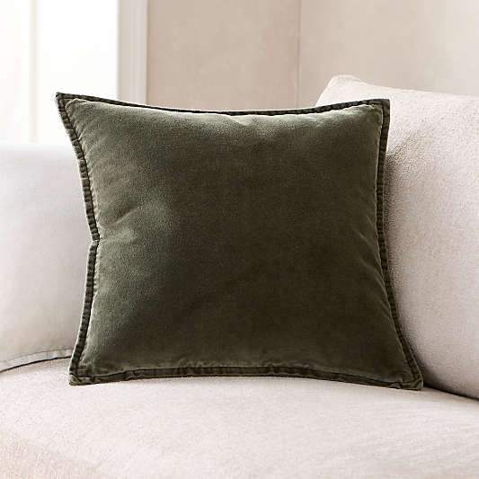 Relaxed Washed Organic Cotton Velvet 20"x20" Burnt Green Throw Pillow Cover