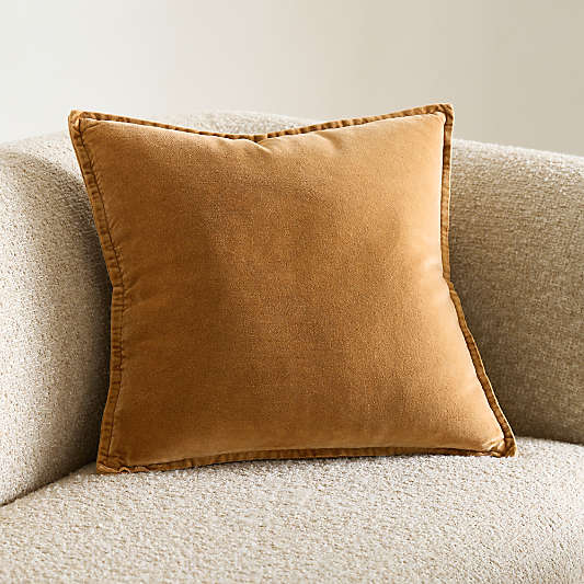 Relaxed Washed Organic Cotton Velvet 20"x20" Cognac Throw Pillow with Down-Alternative Insert