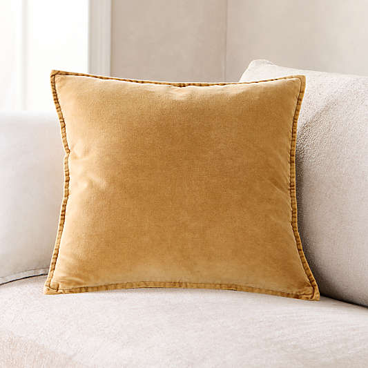 Relaxed Washed Organic Cotton Velvet 20"x20" Moroccan Ocher Throw Pillow Cover