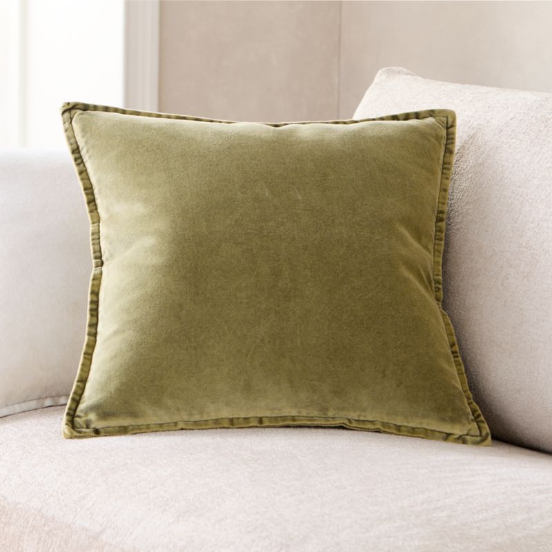 Viewing product image Relaxed Washed Organic Cotton Velvet 20"x20" Moss Green Throw Pillow with Feather Insert - image 1 of 2
