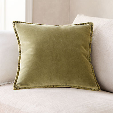 View Relaxed Washed Organic Cotton Velvet 20"x20" Moss Green Throw Pillow Cover details
