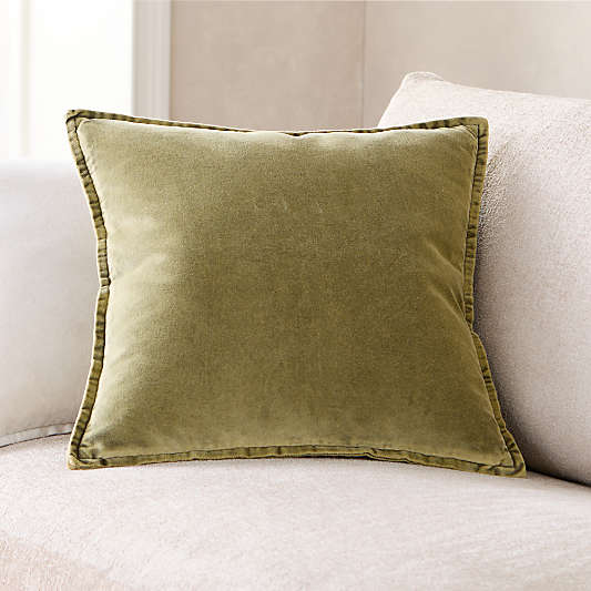 Relaxed Washed Organic Cotton Velvet 20"x20" Moss Green Throw Pillow