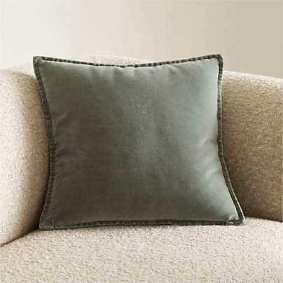 Relaxed Washed Organic Cotton Velvet 20"x20" Shadow Sage Green Throw Pillow with Down-Alternative Insert