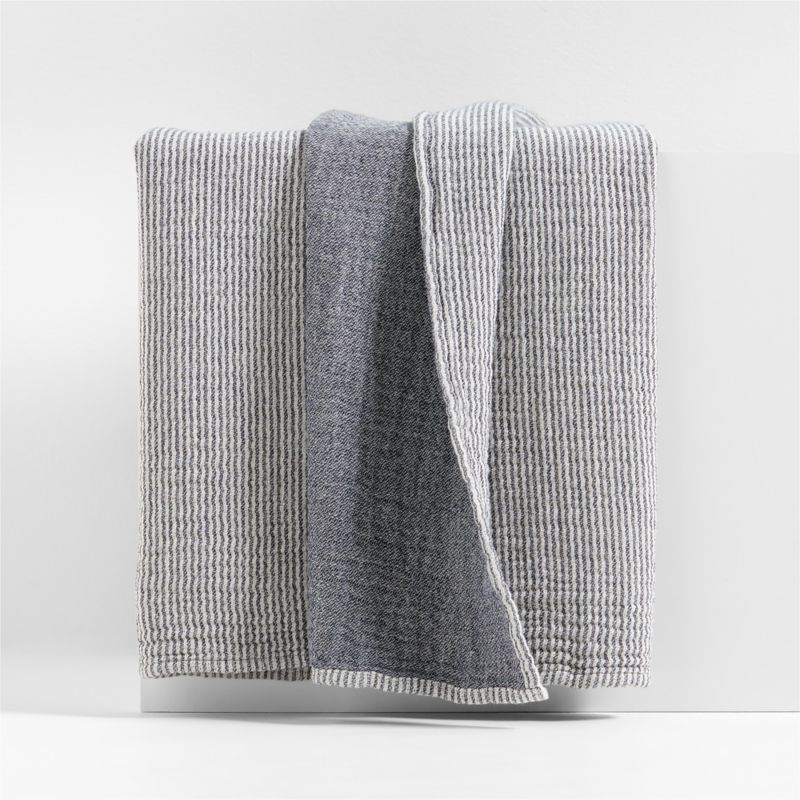 Reversible Stripe Gauze 80"x80" Deep Indigo Blue and Arctic Ivory Bed Blanket