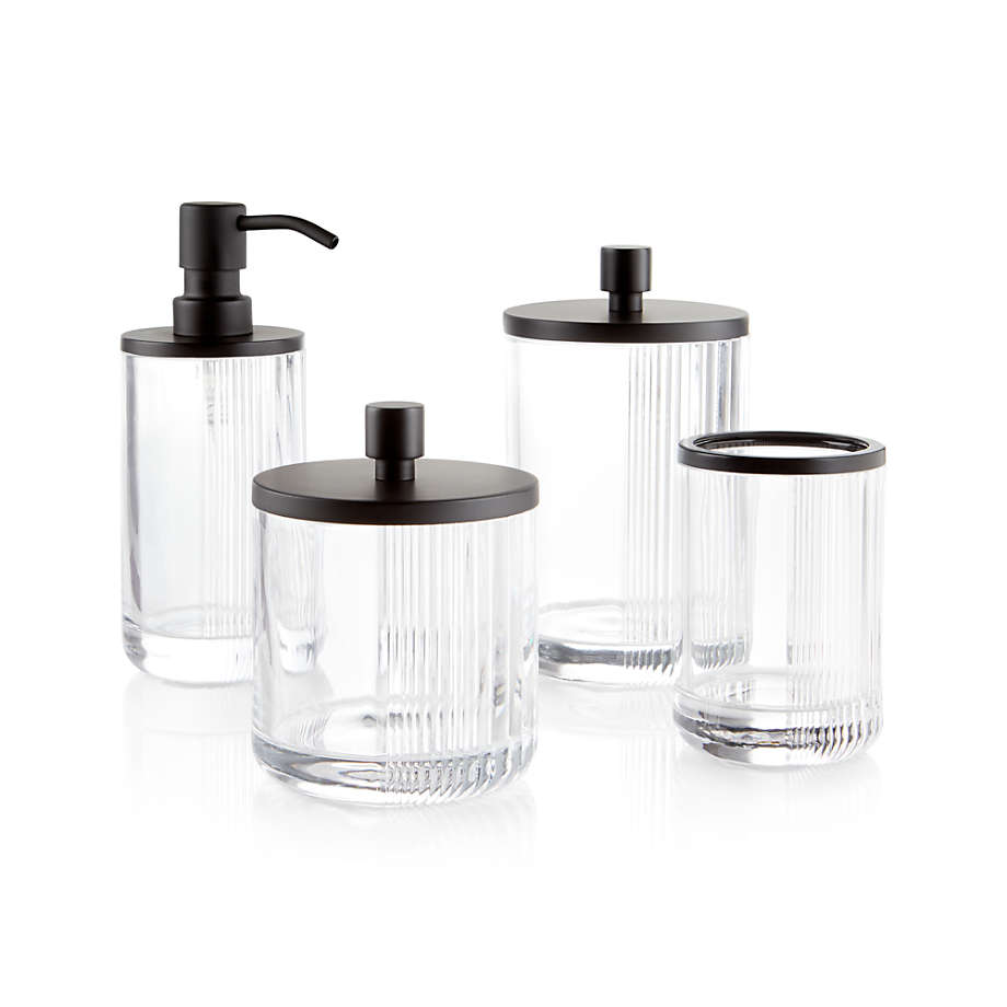 Ribbed Glass Bathroom Jars with Black Bamboo Lids - Bed Bath