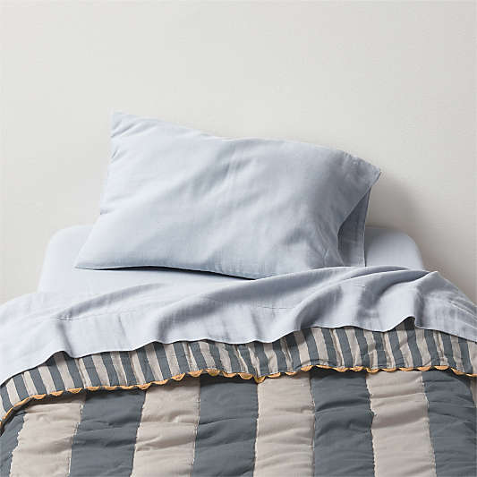 Riviera Slate Blue and Oatmeal Stripe Organic Cotton Reversible Baby Crib Quilt