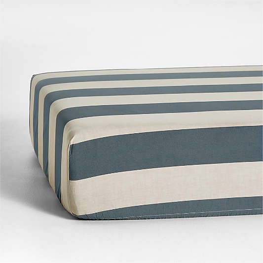 Riviera Slate Blue and Oatmeal Stripe Organic Cotton Baby Crib Fitted Sheet