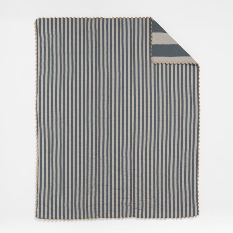 Riviera Slate Blue Stripe Organic Cotton Reversible Baby Crib Quilt