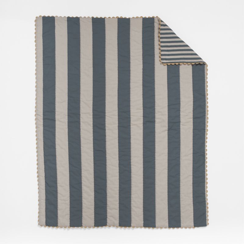 Riviera Slate Blue Stripe Organic Cotton Reversible Baby Crib Quilt