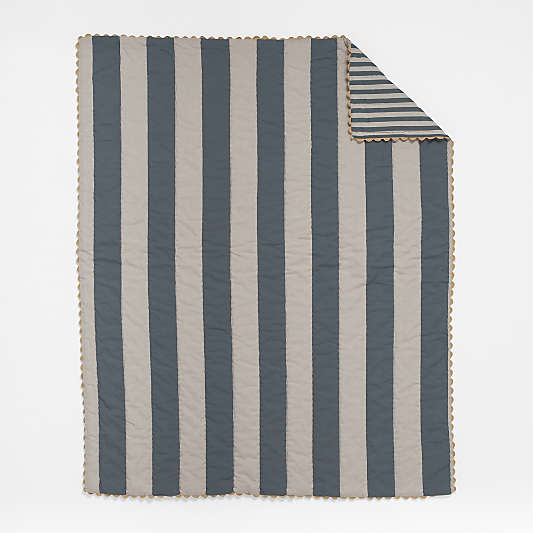 Riviera Slate Blue and Oatmeal Stripe Organic Cotton Reversible Baby Crib Quilt