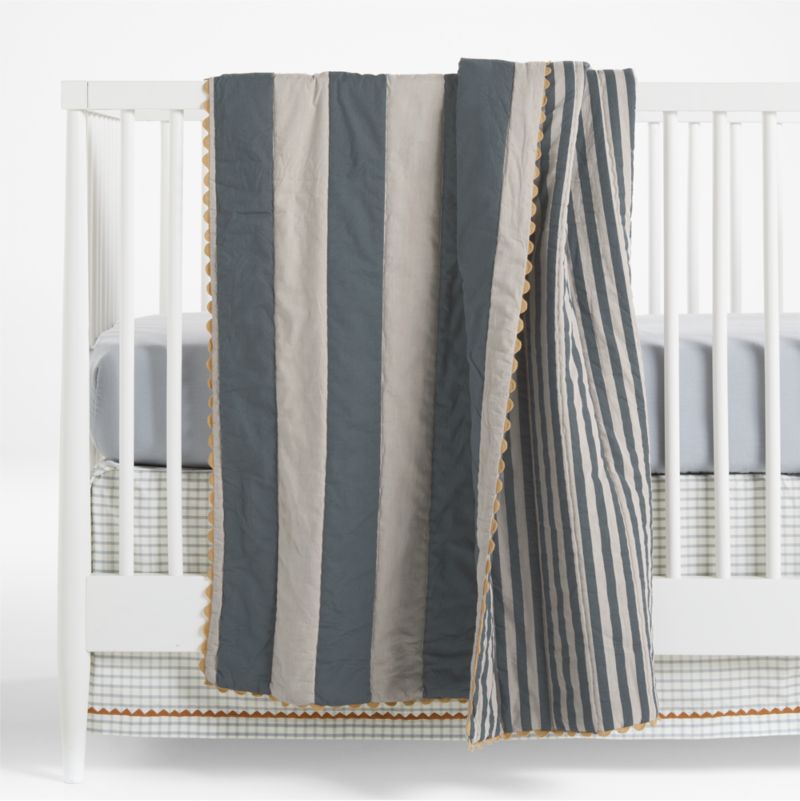 Riviera Slate Blue Stripe Organic Cotton Reversible Baby Crib Quilt