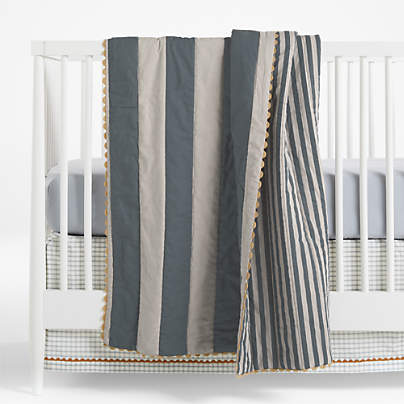 Riviera Slate Blue and Oatmeal Stripe Organic Cotton Reversible Baby Crib Quilt