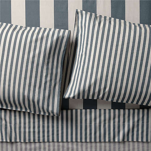 Riviera Slate Blue and Oatmeal Stripe Organic Cotton Kids Queen Sheet Set