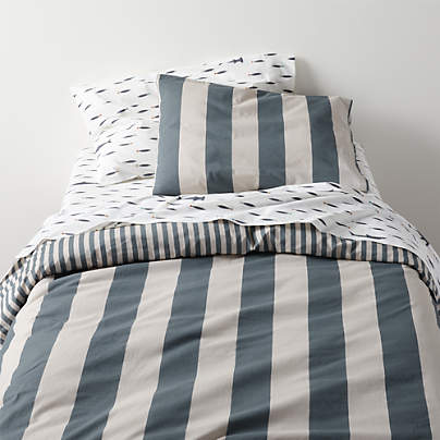 Riviera Slate Blue and Oatmeal Reversible Stripe Organic Cotton Reversible Kids Twin Duvet Cover