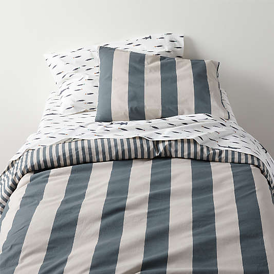 Riviera Slate Blue and Oatmeal Reversible Stripe Organic Cotton Kids Duvet Cover