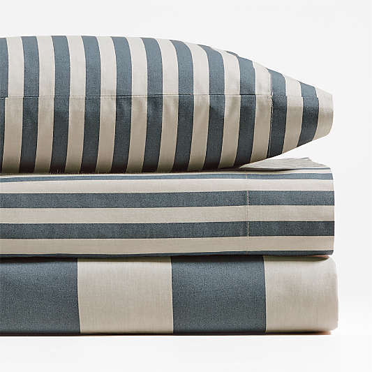 Riviera Slate Blue and Oatmeal Stripe Organic Cotton Toddler Sheet Set