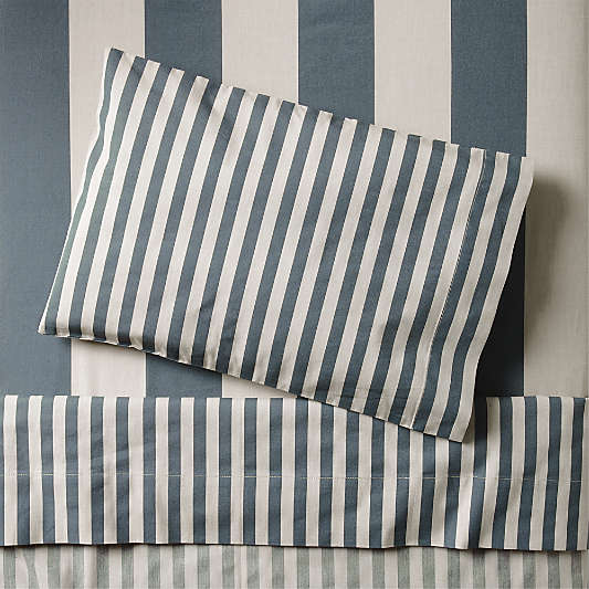 Riviera Slate Blue and Oatmeal Stripe Organic Cotton Toddler Sheet Set