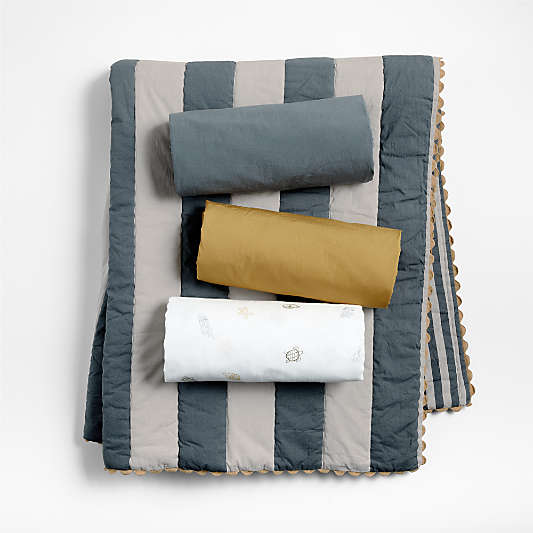 Riviera Slate Blue Stripe Organic Cotton Reversible Baby Bedding Bundle Set