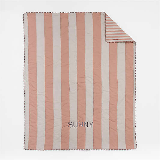 Riviera Terracotta Pink and Oatmeal Stripe Organic Cotton Reversible Baby Crib Quilt