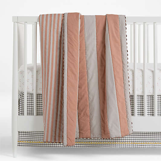 Riviera Terracotta Pink and Oatmeal Stripe Organic Cotton Reversible Baby Crib Quilt