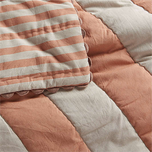 Riviera Terracotta Pink and Oatmeal Stripe Organic Cotton Reversible Baby Crib Quilt