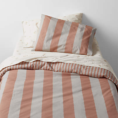 Riviera Terracotta Pink and Oatmeal Reversible Stripe Organic Cotton Reversible Kids Twin Duvet Cover