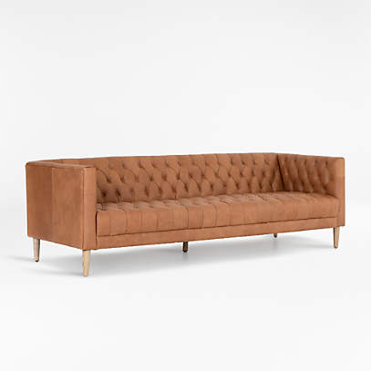 Natural Washed Camel Leather Tufted Sofa 90"