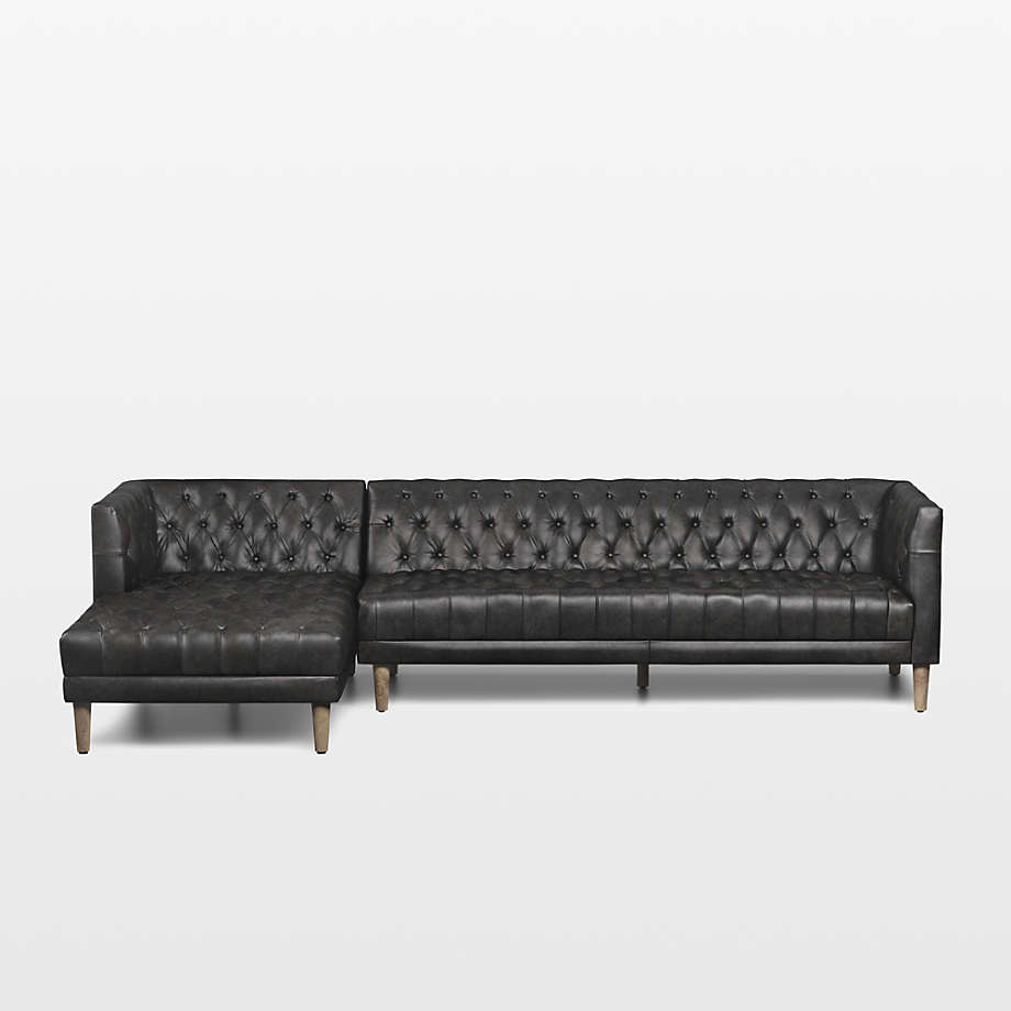 Rollins Ebony Leather Tufted Left-Arm Chaise Sectional Sofa