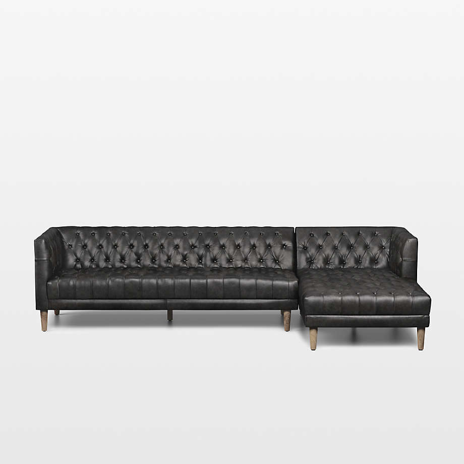 Rollins Ebony Leather Tufted Right-Arm Chaise Sectional Sofa