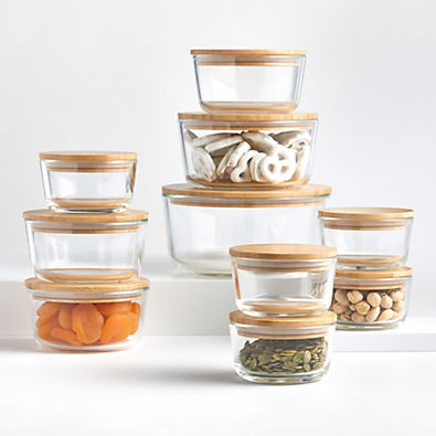 View Crate & Barrel 20-Piece Round Glass Food Storage Set with Bamboo Lids details