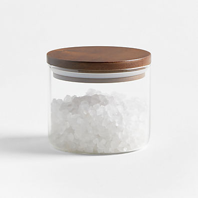 View Crate & Barrel Small Round Glass Canister with FSC-Certified Dark Acacia Wood Lids details
