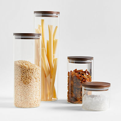 View Crate & Barrel Complete Round Glass Canister Set with FSC-Certified Dark Acacia Wood Lids details