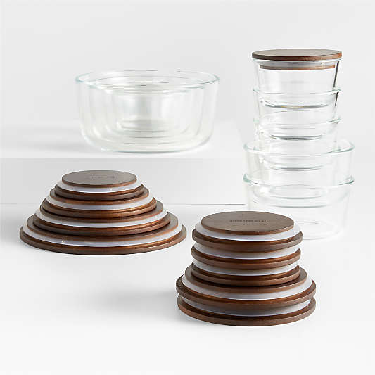 Crate & Barrel 20-Piece Round Glass Food Storage Container Set with Dark Acacia Wood Lids