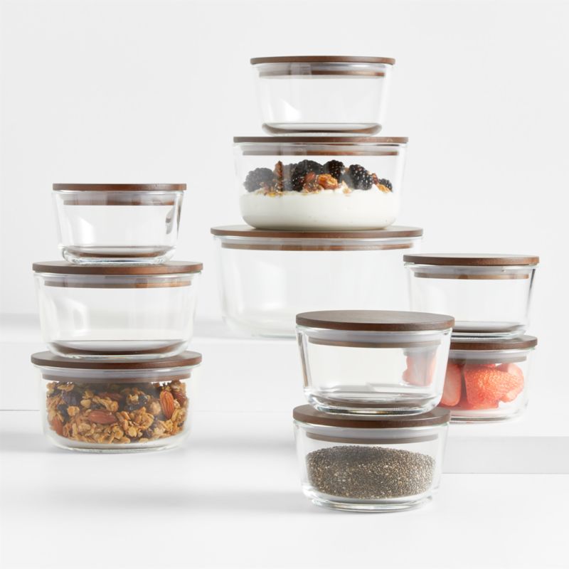 Crate & Barrel 20-Piece Round Glass Storage Containers with Dark Wood Lids + Reviews | Crate & Barrel