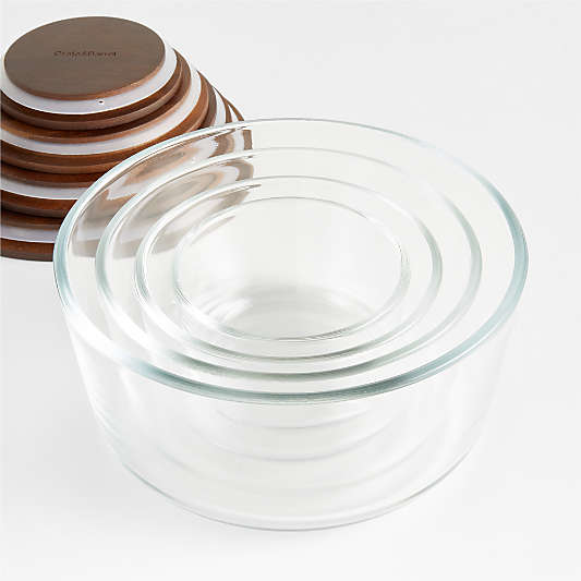 Crate & Barrel 8-Piece Round Glass Food Storage Container Set with Dark Acacia Wood Lids